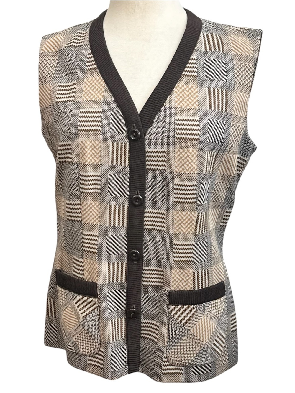 70s Butte Knit Stripes Herringbone Brown Tones Vintage Vest Medium
